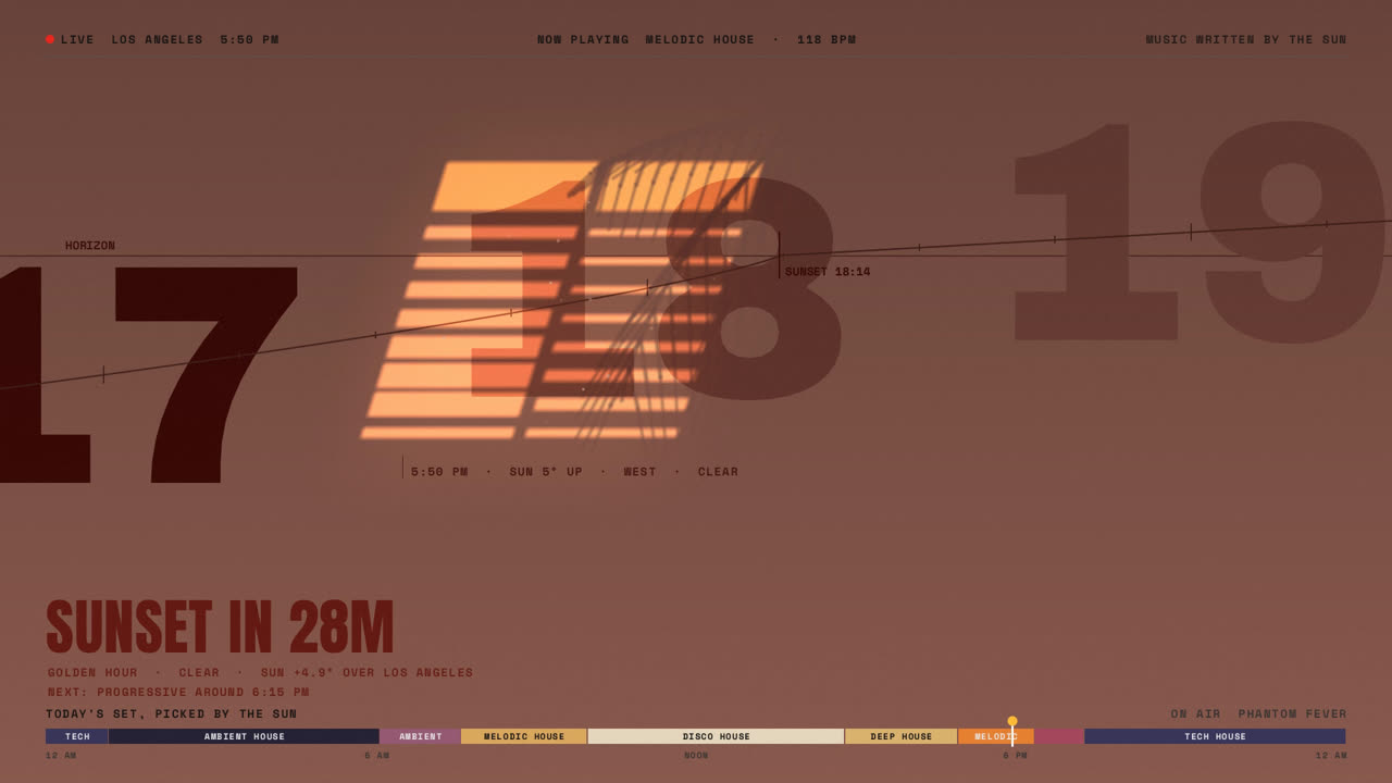 HELIODON Los Angeles: sunlight through a slatted window falling across a wall of hour numerals