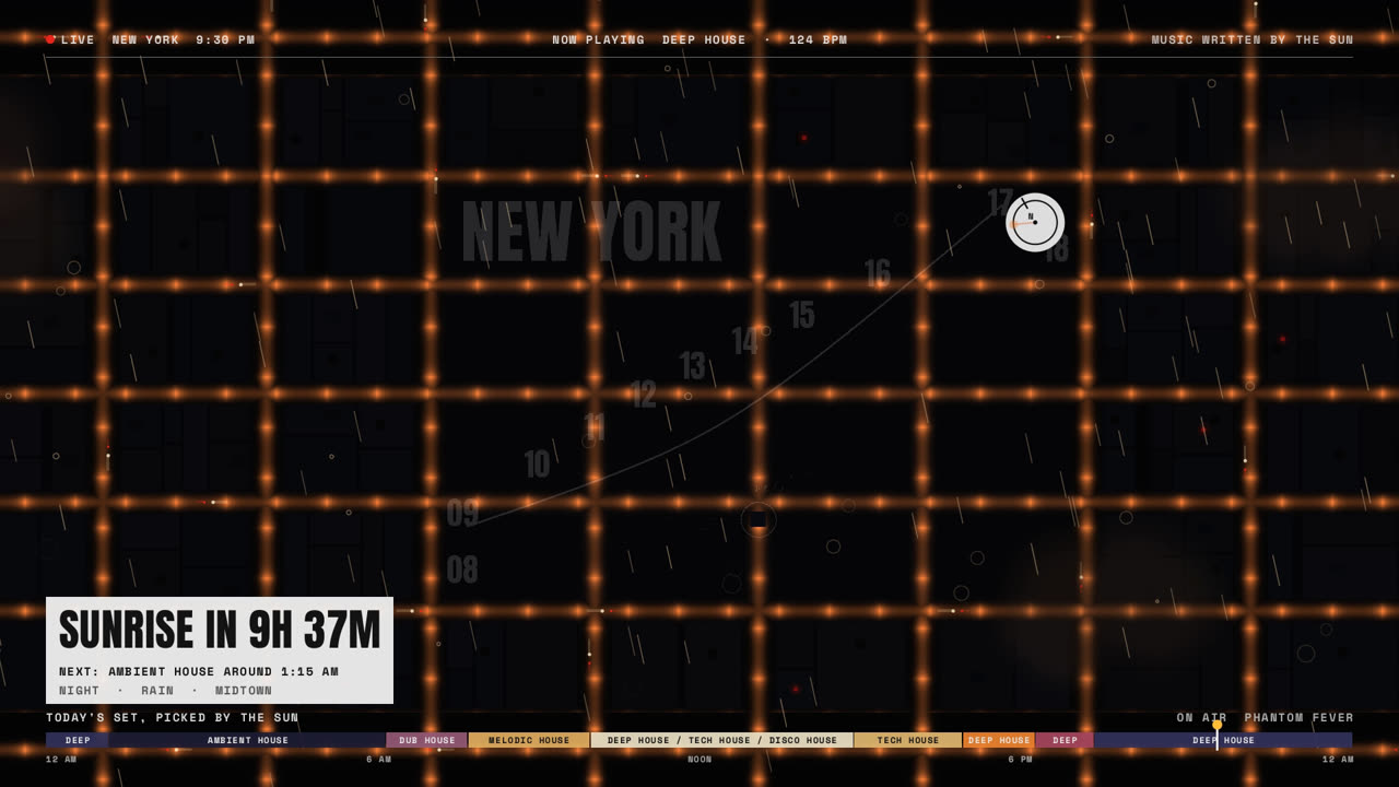 HELIODON New York at night: streetlights and traffic on the city grid around the sundial